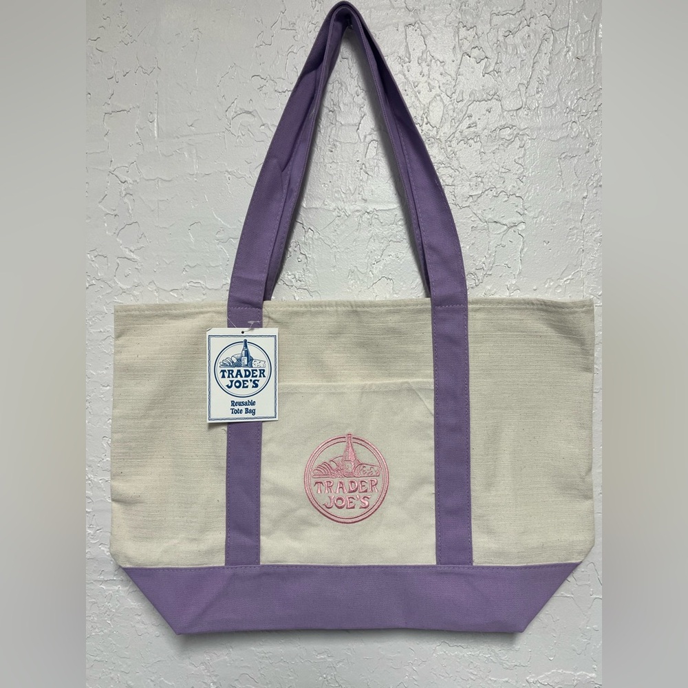 Trader Joe's Cream Lavender Purple LARGE Canvas Tote